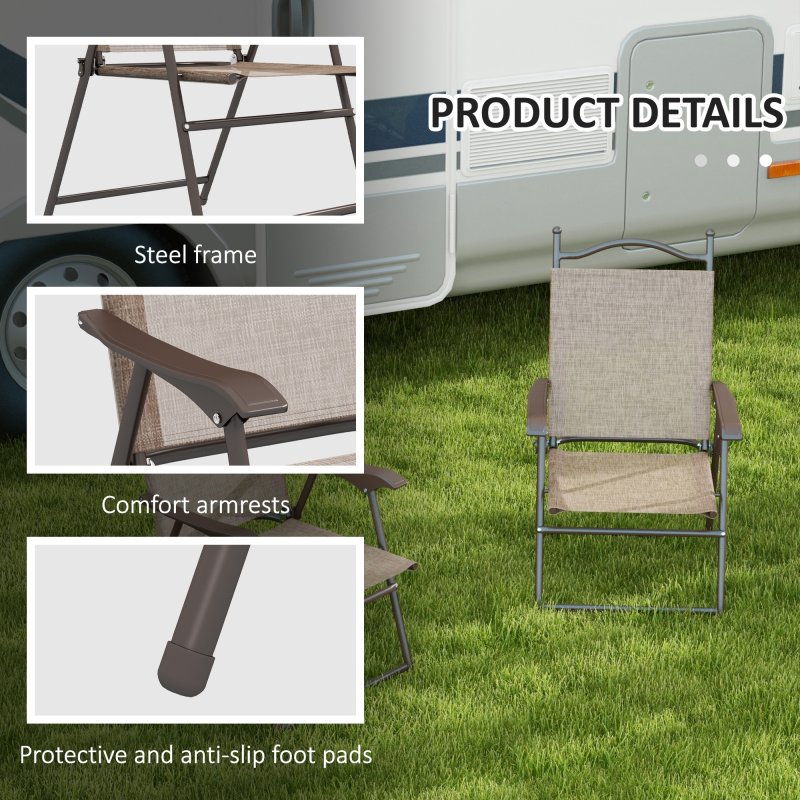 Outsunny Folding Chairs Set of 2, Garden Chair with Armrest, Breathable Mesh Fabric Seat, Camping Sports Chairs for Adults, Mixed Brown