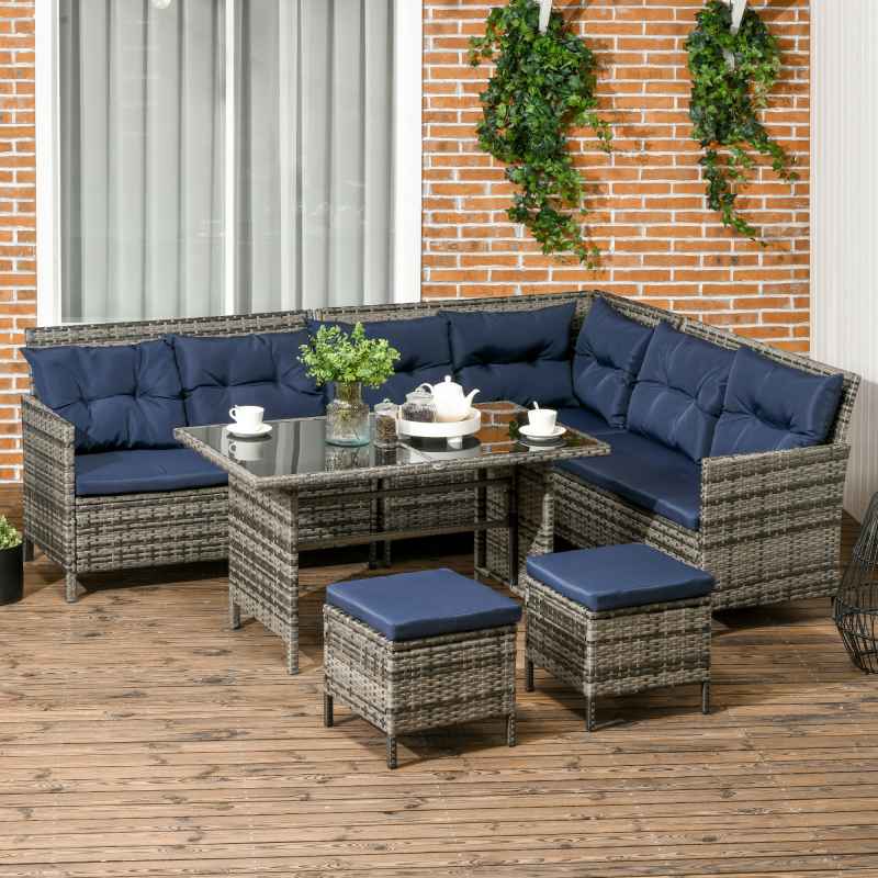 Outsunny 6 Pieces Rattan Garden Furniture Set, 8-Seater Garden Corner Sofa Set with 3 Loveseats, Glass Top Table, Footstools, Outdoor Conservatory Furniture with Cushions for Patio, Dark Blue