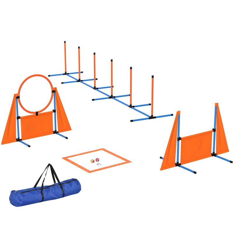 PawHut 6-Piece Dog Agility Equipment, Pet Agility Training Set with Weave Poles, Jump Ring, Hurdle, Pause Box, Obstacle Training Course Kit with Bag, Orange