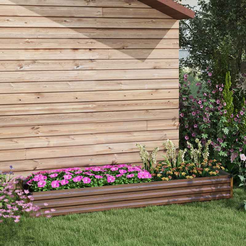 Outsunny Galvanised Raised Bed for Garden, Rectangular Outdoor Elevated Planter Box with Safety Edging and Open Bottom for Growing Flowers, Herbs and Vegetables, 240 x 60 cm, Dark Brown