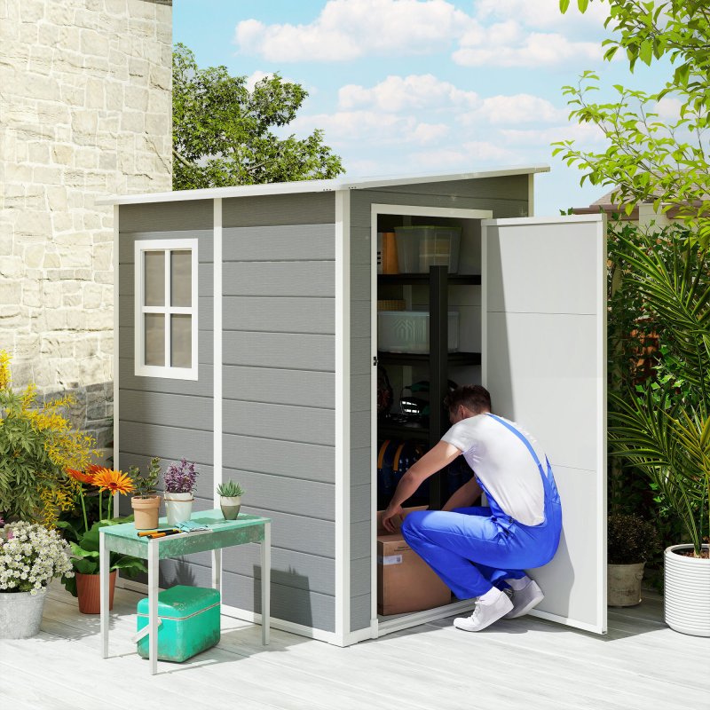Outsunny 4 x 5FT Plastic Garden Shed with Floor, Lean to Shed, Lockable Tool Storage House with Window, Vent and Plastic Roof, Grey