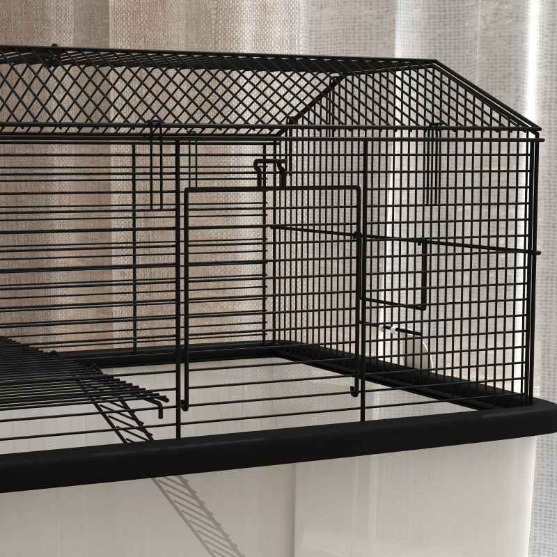 PawHut Hamster Cage, Gerbil Cage 2 Tier with Wheels, Deep Bottom, Ramp, Food Dish, Water Bottle, for Dwarf, Syrian, 57 x 43 x 57cm - Black