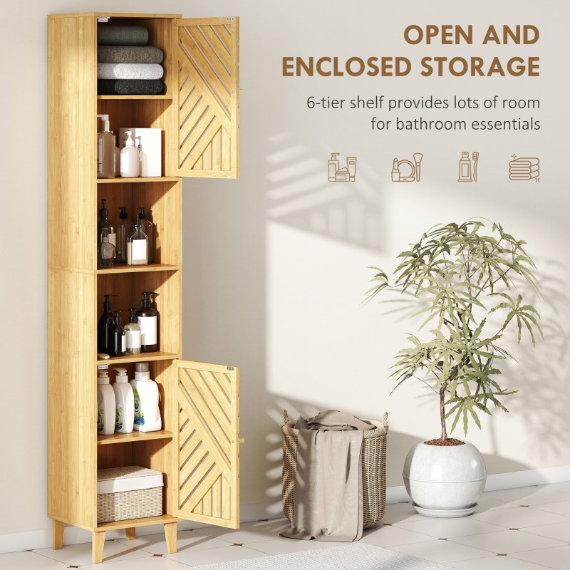 HOMCOM Tall Bathroom Cabinet with Bamboo Doors and Legs, Slim Bathroom Storage Cabinet, Freestanding Storage Cupboard with Open Compartments, Adjustable Shelves, 32 x 30 x 170 cm, Natural Wood Finish