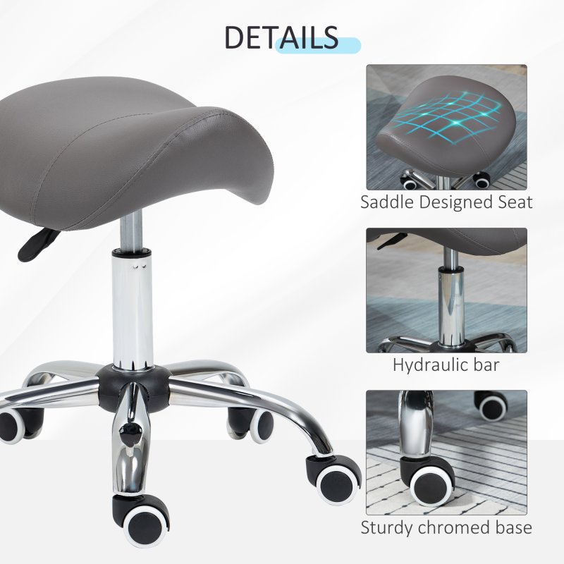 HOMCOM Cosmetic Stool 360?? Rotate Height Adjustable Salon Massage Spa Chair Hydraulic Rolling Faux Leather Saddle Stool Mobility, Grey