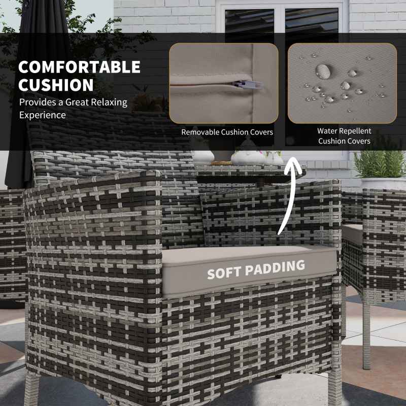 Outsunny 4 Seater Rattan Dining Set with Cushions, 5 Pieces Garden Dining Set with Glass Tabletop, PE Rattan Garden Furniture Set with Dining Table and Armchairs for Patio, Balcony, Mixed Grey