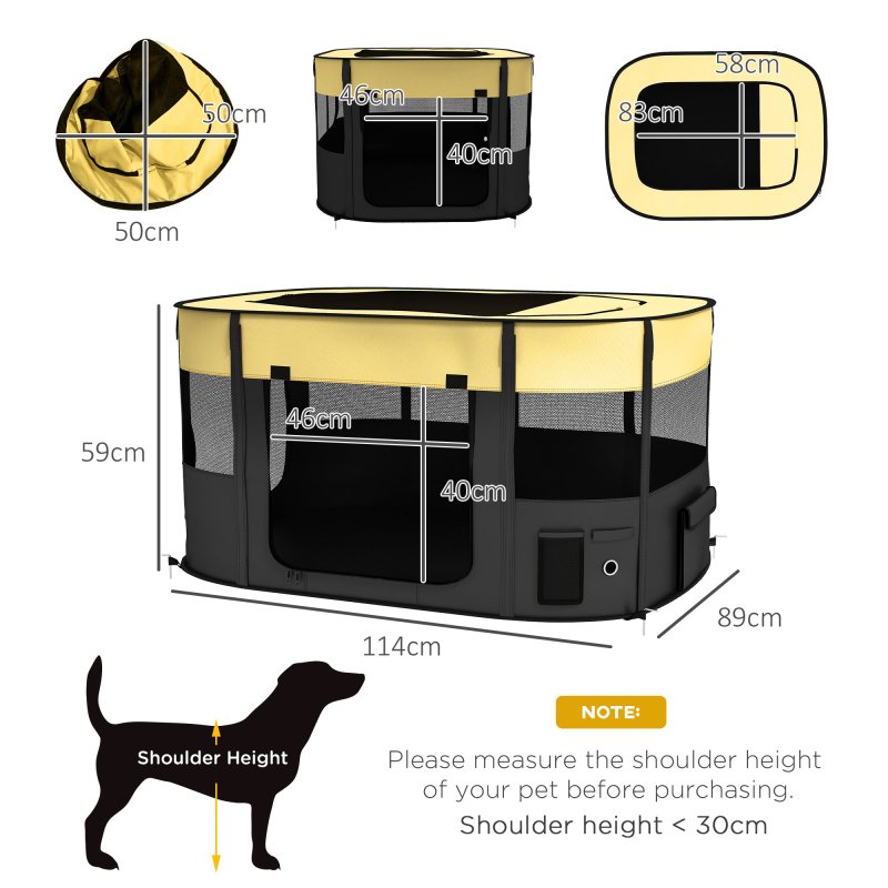 PawHut Dog Pen, Pet Playpen, Portable Foldable Dog Cat Playpen Soft Pet Cage with Storage Bag for Puppies, Rabbits, Kittens, Guinea Pigs, 114 x 89 x 59cm - Yellow