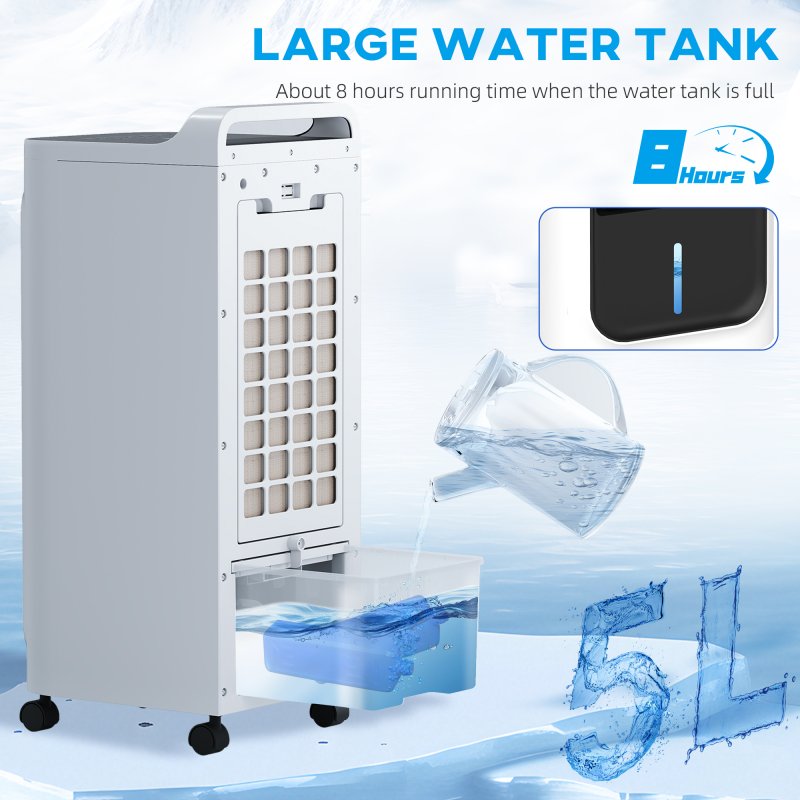 HOMCOM Portable Air Cooler, 3-in-1 Evaporative Air Cooler with 5L Water Tank, Oscillation, 3 Fan Speeds, 3 Modes, 2 Ice Packs, 7H Timer, LED Display, for Home Office