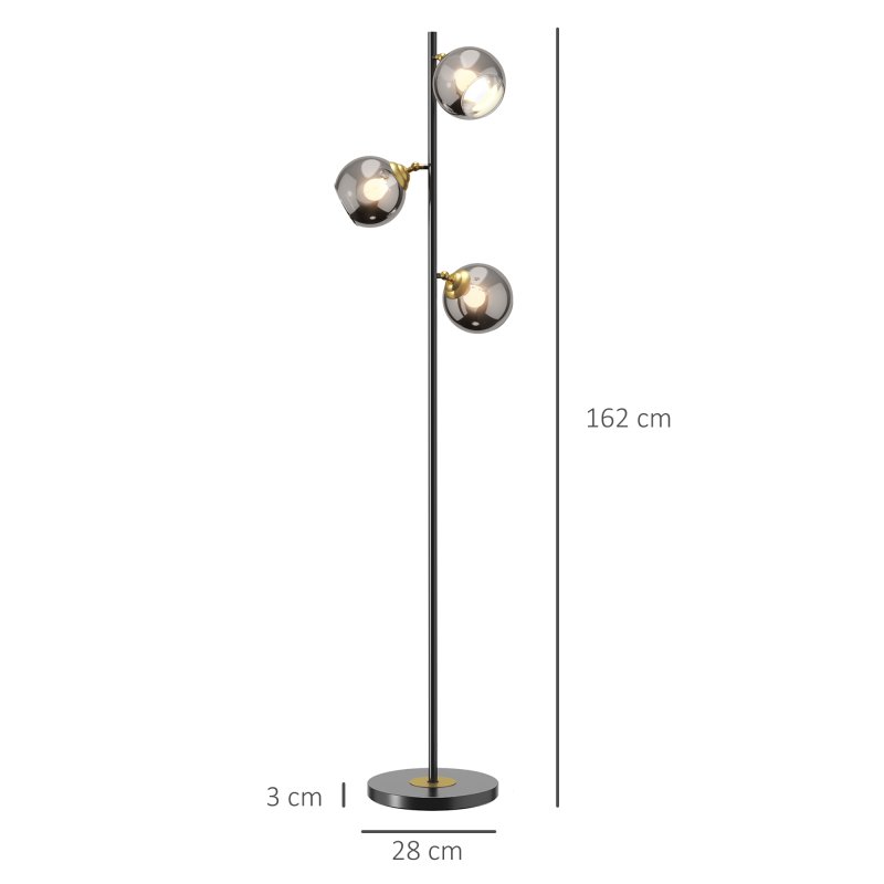 HOMCOM 3-Light Floor Lamp for Living Room with Glass Global Lampshade, Modern Standing Lamp for Bedroom, Bulb not Included, Grey