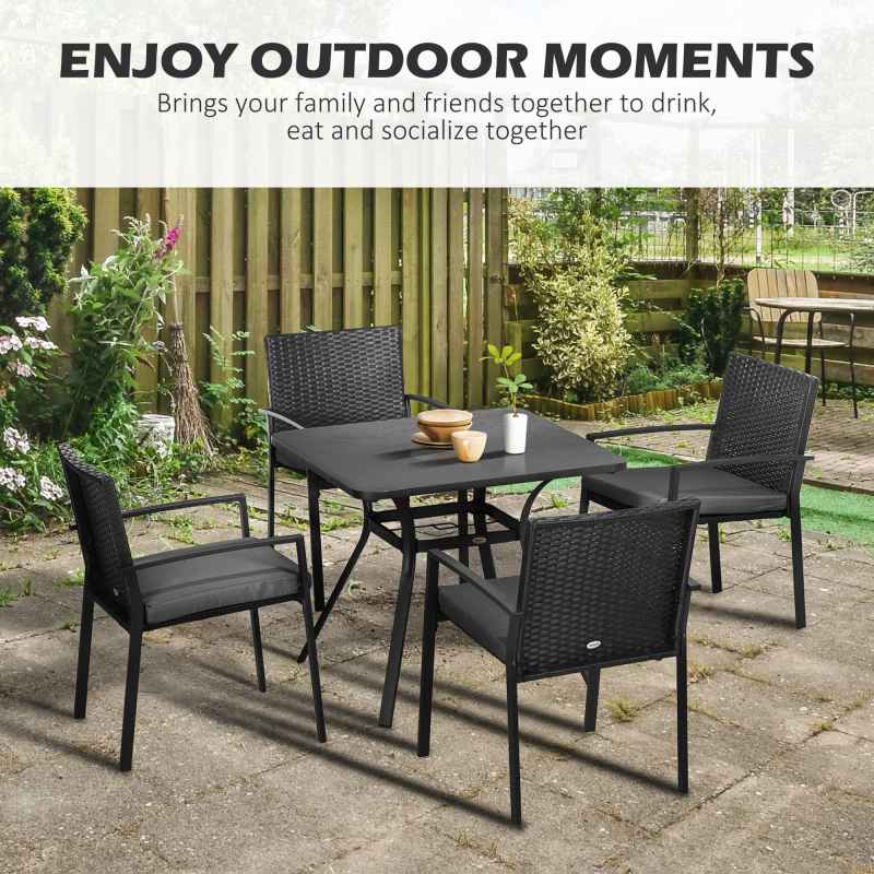 Outsunny 4 Seater Rattan Dining Set with Cushions, Wood Effect Metal Top Table with Umbrella Hole, PE Rattan Garden Furniture Set, Outdoor Dining Table and Chairs for Patio, Balcony, Lawn, Black