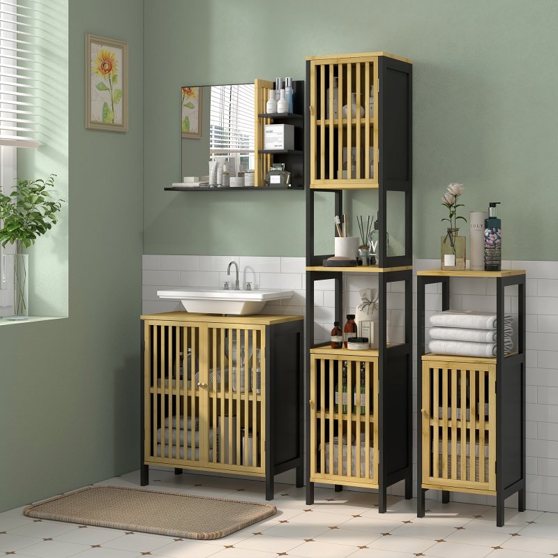 HOMCOM Tall Bathroom Storage Cabinet, Slim Bamboo Bathroom Cabinet with 2 Open Compartments, 2 Slatted Doors and Adjustable Shelves