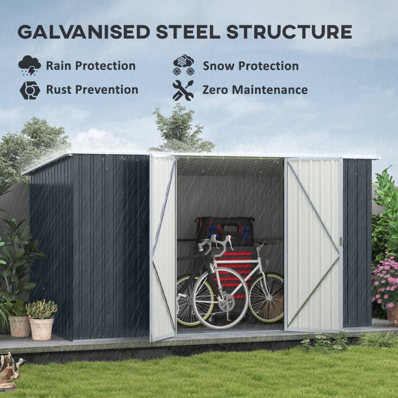Outsunny 11 x 5.6ft Galvanised Steel Garden Shed, Metal Shed, Garden Storage Shed with Lockable Doors and Gloves for Outdoor Patio, Garden, Grey