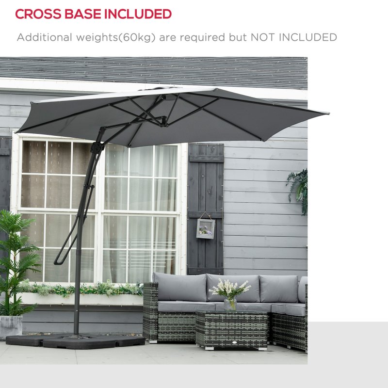 Outsunny 3m Cantilever Parasol with Easy Lever, Patio Umbrella with Crank Handle, Cross Base and 6 Metal Ribs, Outdoor Sun Shades for Garden, Grey