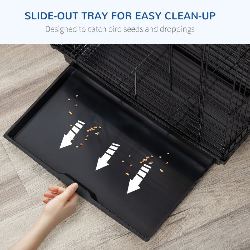 PawHut Bird Cage Parrot Cage Budgie Cage 59cm with Openable Top, Stand, Tray, Handles, Feeding Bowls for Parakeet, Finch, Black