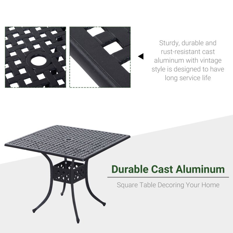 Outsunny 90 x 90cm Square Garden Dining Table with 46.5mm Dia. Umbrella Hole, Cast Aluminium Outdoor Dining Table, Grid Motif Outdoor Table for Garden, Patio, Porch, Black