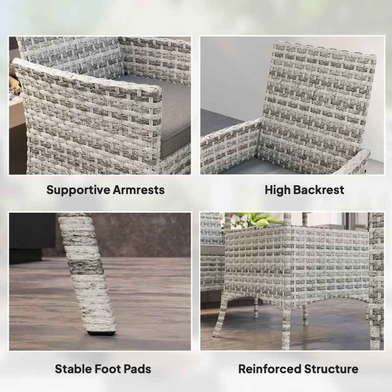 Outsunny Rattan Garden Furniture Set, Outdoor Dining Table and Chairs 4 Seater with Cushions, Square Tempered Glass Top, 4 Armchairs, for Balcony, Terrace, Conservatory, Mixed-Grey