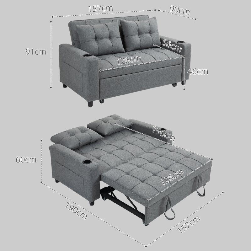 HOMCOM 2 Seater Sofa Bed, Convertible Pull Out Sofa Bed with Adjustable Backrest, Cup Holders and Pillows, Click Clack Settee for Living Room, Bedroom, Guest Room, Charcoal Grey