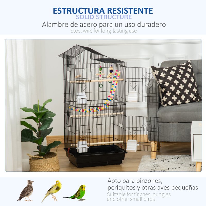 PawHut Bird Cage for Budgies, Finches, Canaries w/ Accessories, Toys, Tray, Handle, 46 x 36 x 100cm - Black