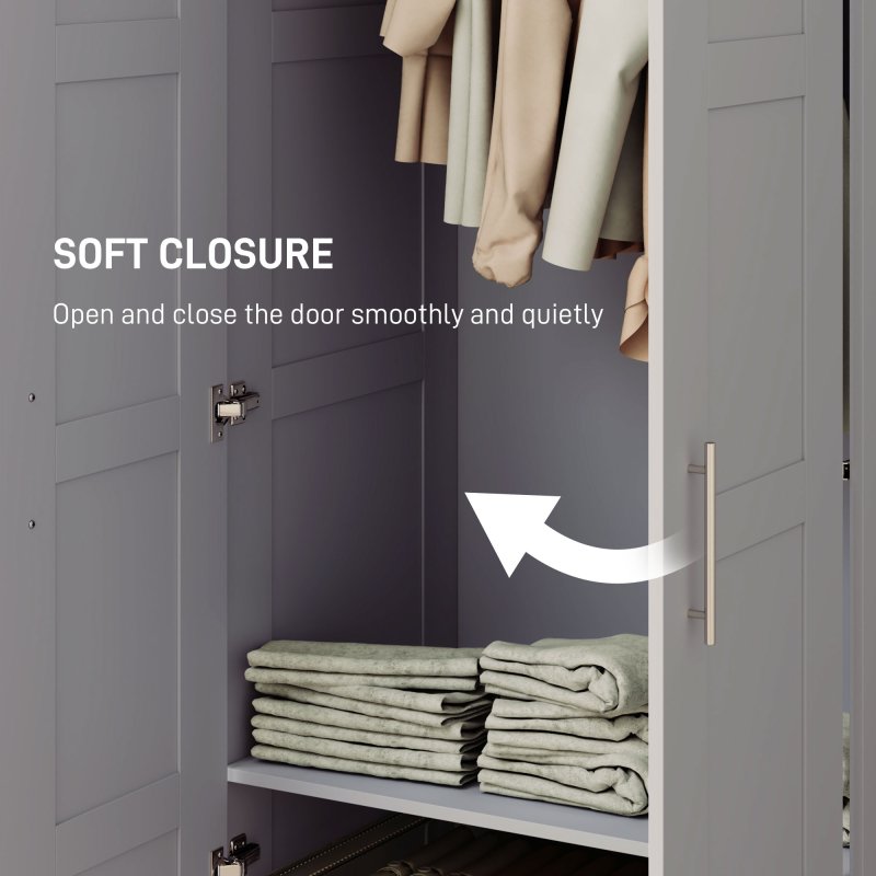 HOMCOM 2 Door Wardrobe for Bedroom, Double Wardrobe with Shelves and Hanging Rail, Modern Bedroom Furniture, Grey