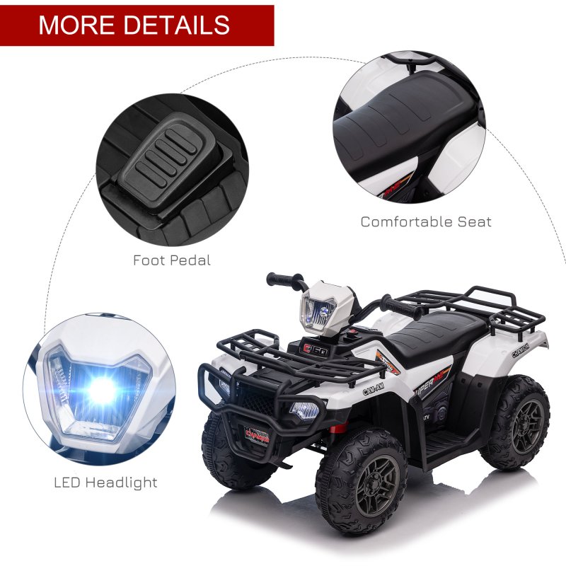 HOMCOM 12V Electric Quad Bike for Kids, Ride-On Car w/ Forward, Reverse Functions, Music, LED Headlights, for Ages 3-5 Years - White