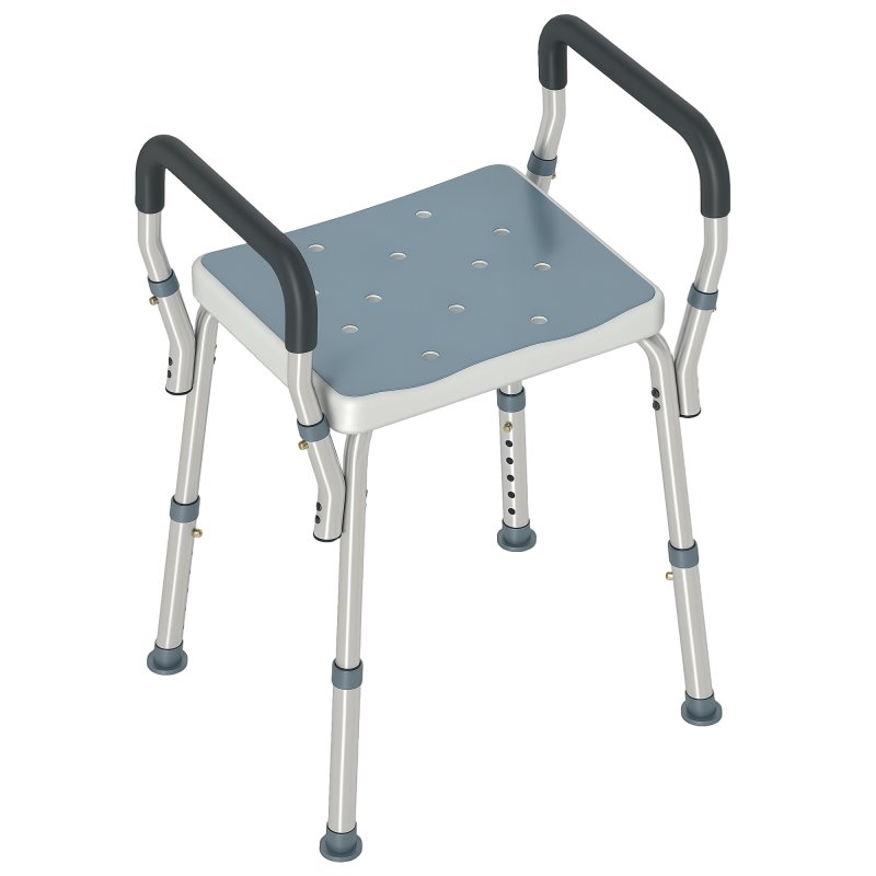HOMCOM Portable Shower Stool, Non-Slip Shower Chair with Adjustable Height and EVA Cushion, Rust-Free Aluminium Bath Chair for Elderly, Disabled, Light Blue