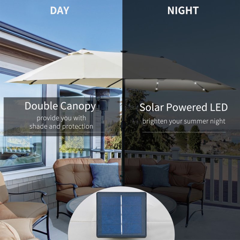 Outsunny 4.4m Double-Sided Sun Umbrella Garden Parasol Patio Sun Shade Outdoor with LED Solar Light, NO BASE INCLUDED, Cream White