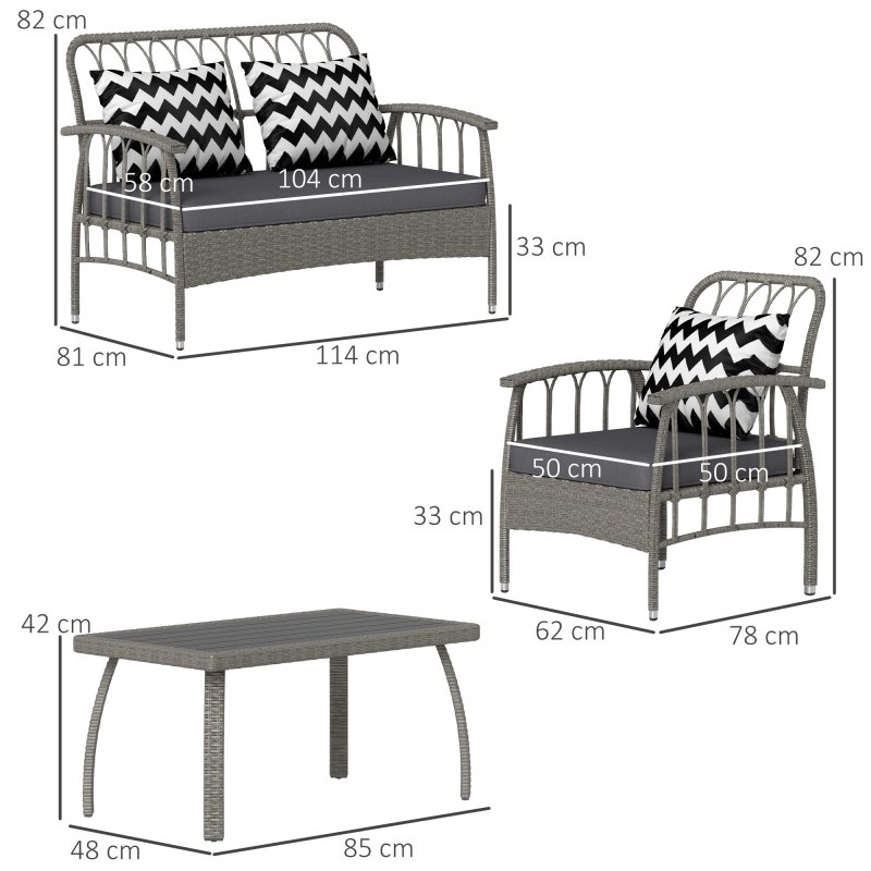Outsunny 4 Piece Rattan Garden Furniture Set, Garden Sofa Set with 5-Level Adjustable Armchairs, Loveseat, Coffee Table and Cushions, Wicker Outdoor Conservatory Furniture for Patio Balcony, Grey
