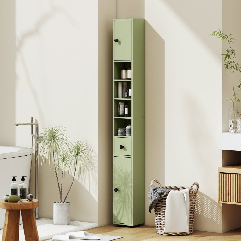kleankin 180cm Tall Bathroom Cabinet, Slim Bathroom Storage Cabinet with 4 Open Shelves, 2 Door Cupboards and Adjustable Shelves, Green
