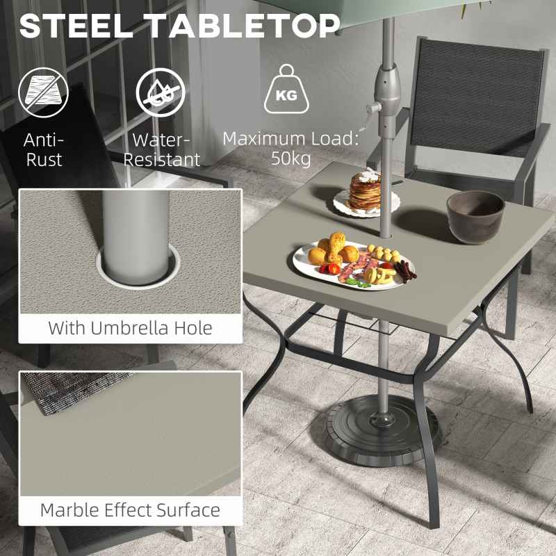 Outsunny 80cm Square Garden Dining Table with Umbrella Hole, Outdoor Dining Table with Marble Effect Top for 4 People, Black/Grey