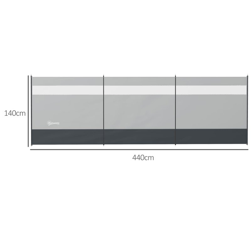 Outsunny Camping Windbreak, 4 Pole Windbreaker Blocker with Clear Windows, Carry Bag and Steel Poles, for Beach Caravan Campervan, 440 x 140cm, Grey