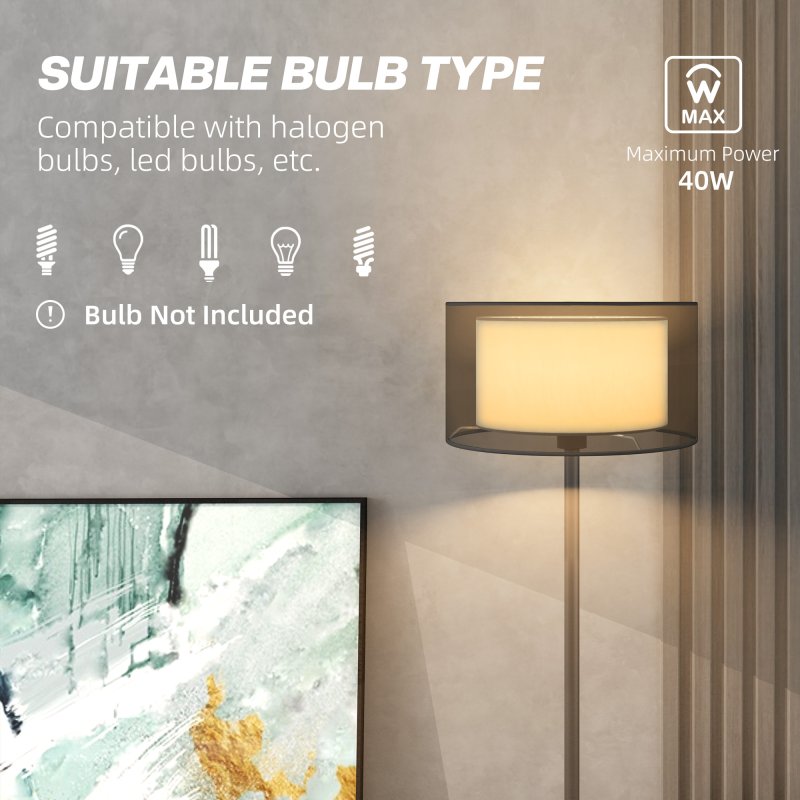 HOMCOM Floor Lamp for Living Room, Modern Standing Lamp with Double Layer Shade & Foot Switch, Minimalist Tall Pole Lampshade for Bedroom, Office, Black