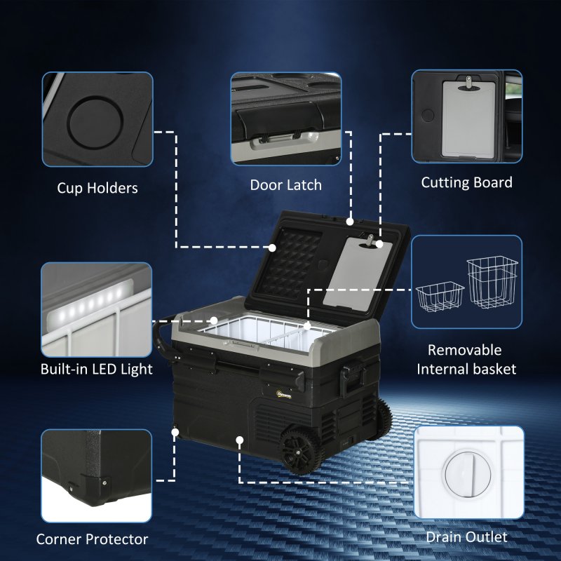 Outsunny 40L Car Refrigerator, Portable Compressor Cooler Box, Fridge Freezer w/ Inner LED Light, Foldable Handles, Cup Holders, 12/24V DC and 110-240V AC for Campervan RV Boat Travel Down to -20°C