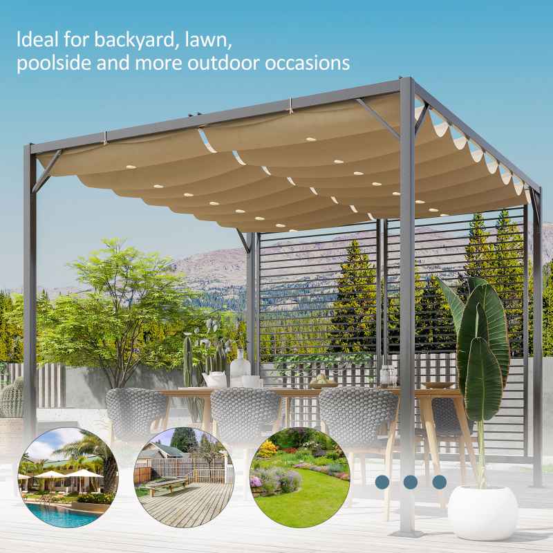 Outsunny 2.8 x 3(m) Metal Outdoor Pergola with Retractable Roof, Outdoor Gazebo Canopy Shelter with Grommet Holes for Garden, Patio, Lawn, Beige