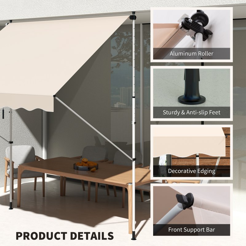 Outsunny Balcony 3 x 1.5m Manual Adjustable Awning, DIY Patio Clamp Awning Canopy, Retractable Shade Shelter Easy to Move for Balcony, Beige