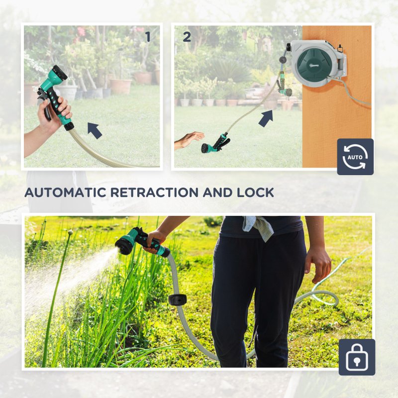 Outsunny Retractable Hose Reel Wall Mounted, 30+2m Garden Hose Pipe Reel with Lock, Auto Rewind, 7 in 1 Spray Nozzle, Includes Wall Fixings, 180?? Swivel, Outdoor Watering, Grey