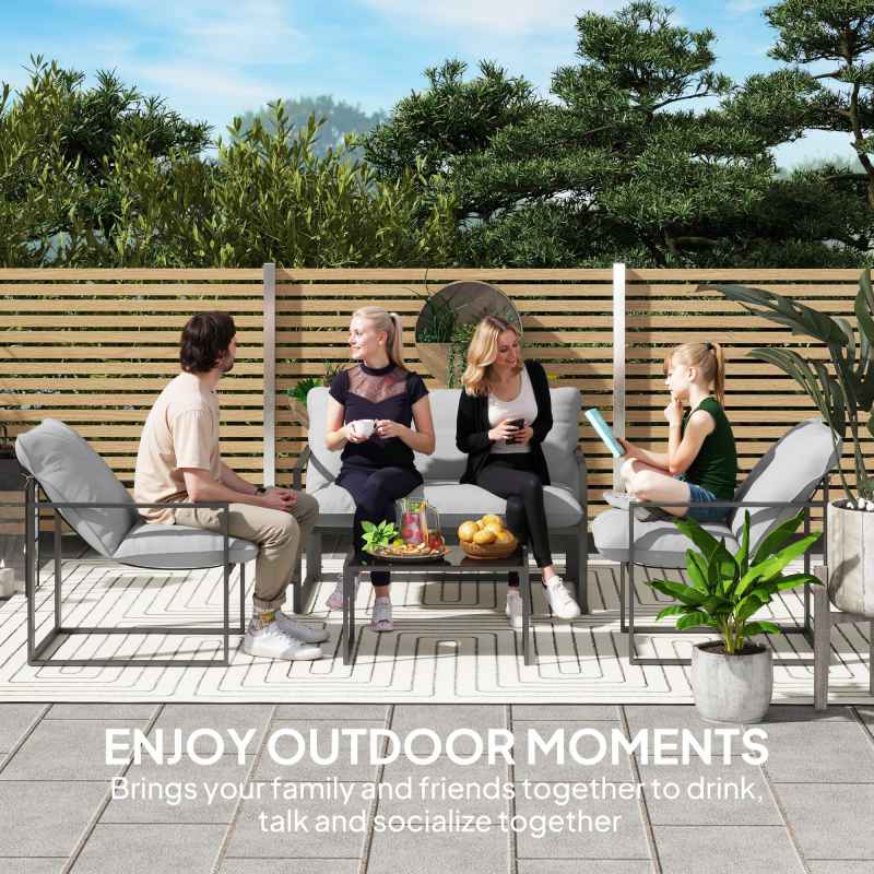 Outsunny 4 Piece Garden Sofa Set, 2 Single Armchair, Loveseat and Coffee Table Set with Steel Frame, Outdoor Furniture with Thick Cushions, Light Grey