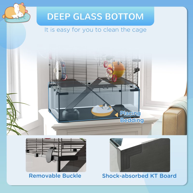 PawHut Large Hamster Cage, Gerbil Cage with Deep Glass Bottom, Tunnels, Non-Slip Ramps, Exercise Wheels, Water Bottle, Dish, 60 x 40 x 57cm