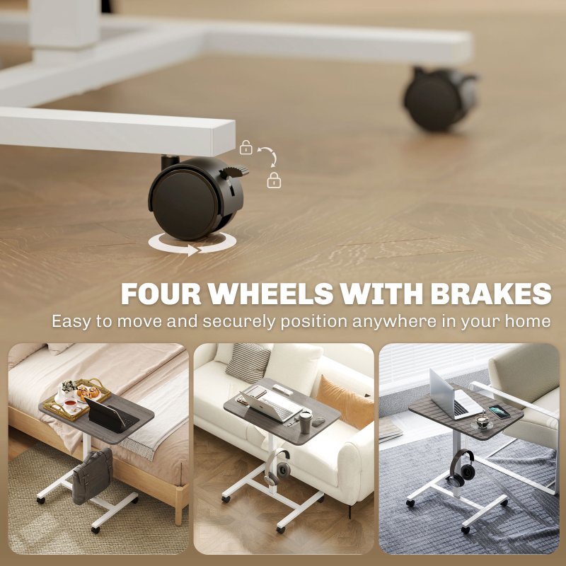 HOMCOM Height Adjustable Standing Desk, Pneumatic Sit Stand Desk for Laptop, Mobile Overbed Table with Wheels and Headphone Hook for Home Office