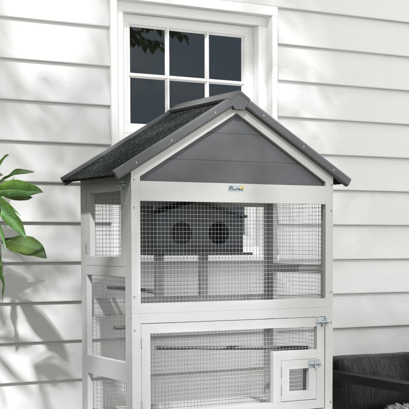 PawHut Wooden Bird Cage Budgie cage, Bird Aviary Outdoor Birdhouse for Finches, Parakeets - Grey