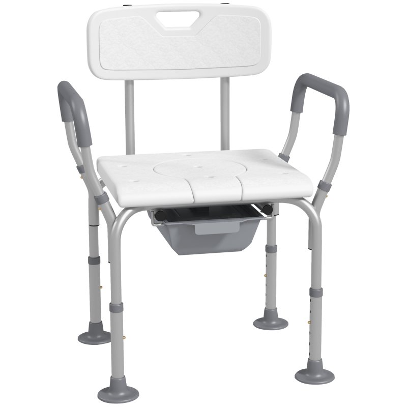 HOMCOM Height Adjustable Shower Chair with Arms and Back, Non-Slip Shower Stool, Bedside Commode with Detachable Bucket for Elderly, Seniors, Disabled, White