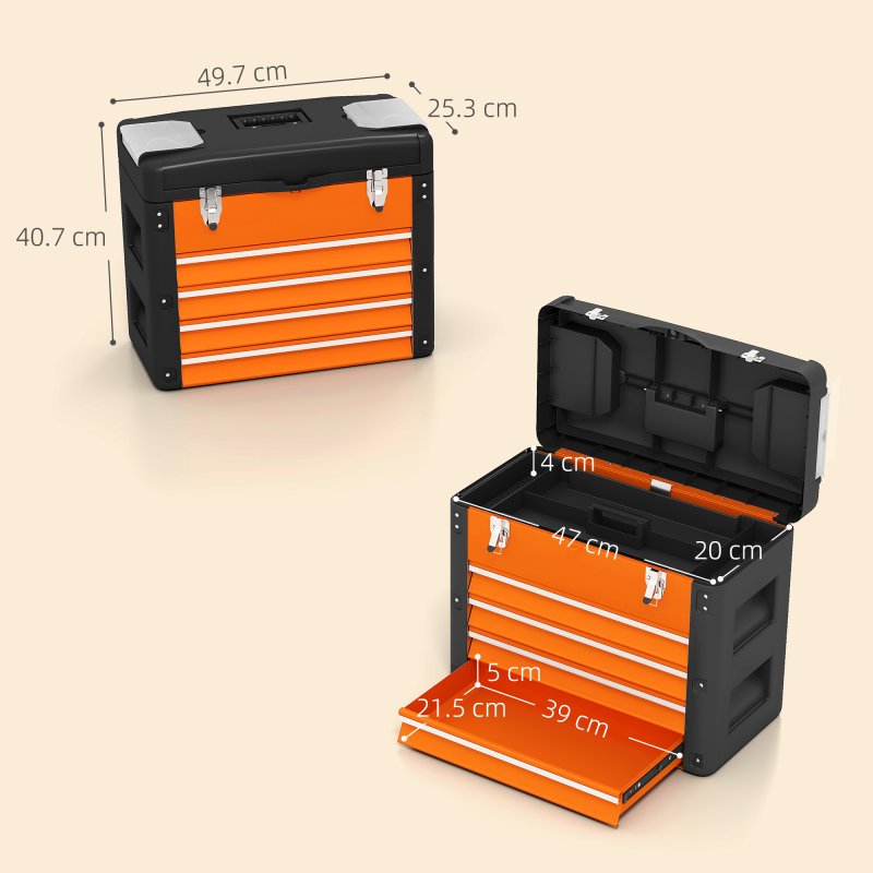HOMCOM 4 Drawers Large Tool Box, Powder Coated Steel Toolbox with Top Tray, Mini Parts Boxes, Ball Bearing Runners, Handle, Heavy Duty Tool Chest for Workshop, Garage, 497mm x 253mm x 407mm, Orange