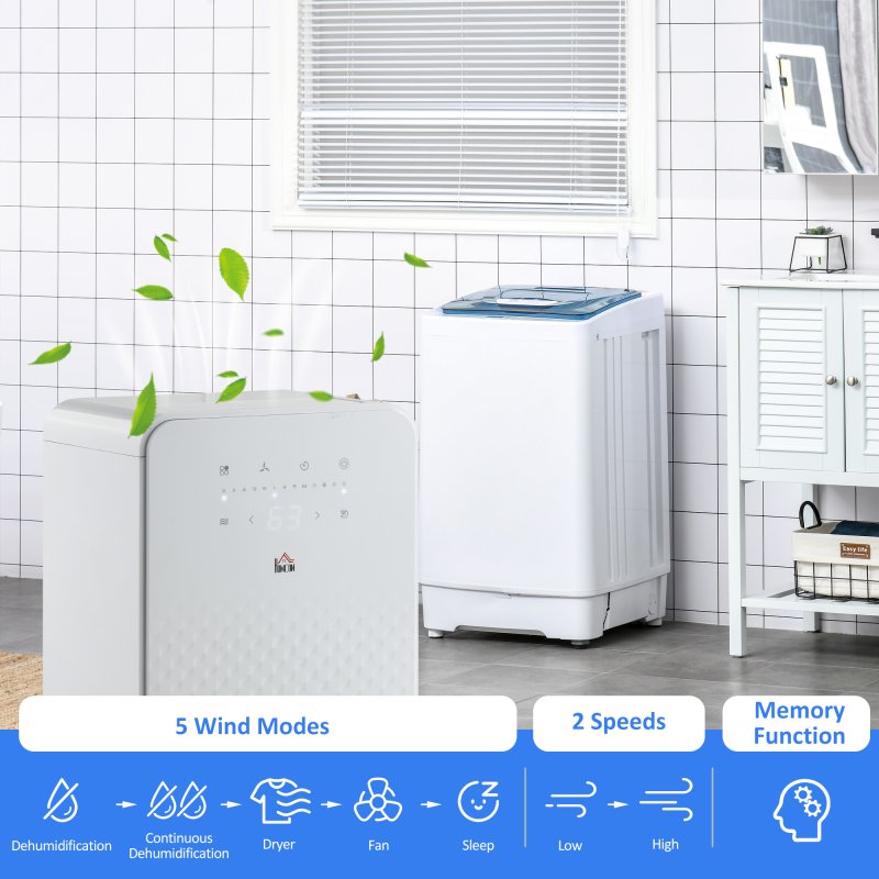 HOMCOM 10L/Day 2000mL Portable Quiet Dehumidifier with Air Purifier Filter, 24H Timer, 5 Modes, Electric Moisture Air Dehumidifier for Home Laundry Basement, White
