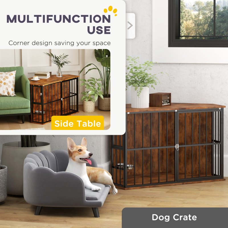 PawHut Corner Dog Crate Furniture, Dog Kennel Side End Table TV Stand with Two Bowls, Feeding Door, for Small, Medium Breeds, Rustic Brown