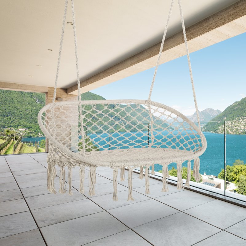 Outsunny 2-Seater Hanging Hammock Chair, Cotton-Polyester Blend Macrame Hanging Rope Chair with Metal Frame, for Patio, Garden, Balcony, Living Room, Cream White