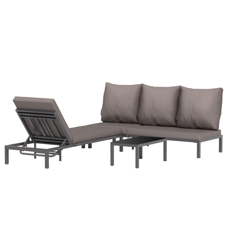 Outsunny 3 Pieces Garden Sun Loungers Set with Cushion, 5-level Adjustable Outdoor Recliner Bed Set w/ Glass Top Table, 2-In-1 Design Aluminium Frame Recliner Lounge or Use As Sofa Bed, Grey