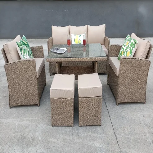 RATTAN WICKER CONSERVATORY OUTDOOR GARDEN FURNITURE DINING SET CORNER SOFA TABLE BEIGE NAURTUAL GREY