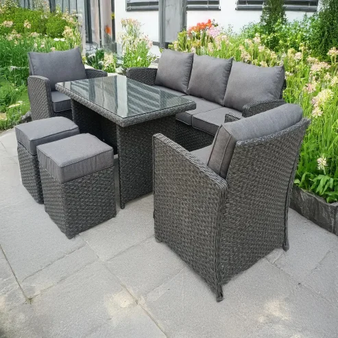 RATTAN WICKER CONSERVATORY OUTDOOR GARDEN FURNITURE DINING SET CORNER SOFA TABLE GREY