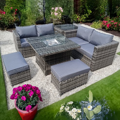 RATTAN FIRE PIT TABLE GREY WICKER CONSERVATORY OUTDOOR GARDEN FURNITURE CORNER DINING
