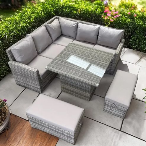RATTAN CORNER RAISING TABLE DINING COFFEE WICKER GARDEN OUTDOOR FURNITURE GREY