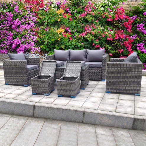 RATTAN GREY COFFEE TABLE STROAGE WICKER CONSERVATORY OUTDOOR GARDEN FURNITURE SET CORNER SOFA TABLE GREY