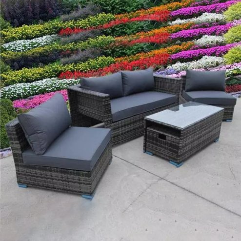 RATTAN WICKER CONSERVATORY OUTDOOR GARDEN FURNITURE SET CUBE SOFA TABLE GREY